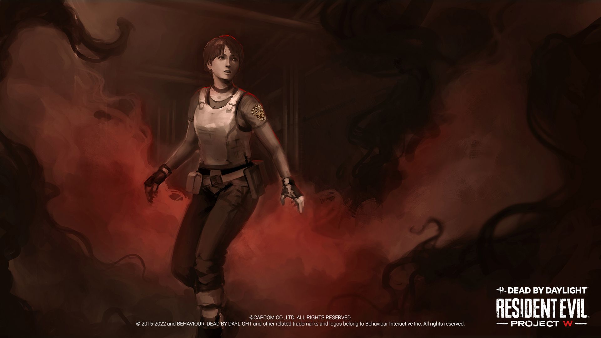 Rebecca Chambers running through the fog.